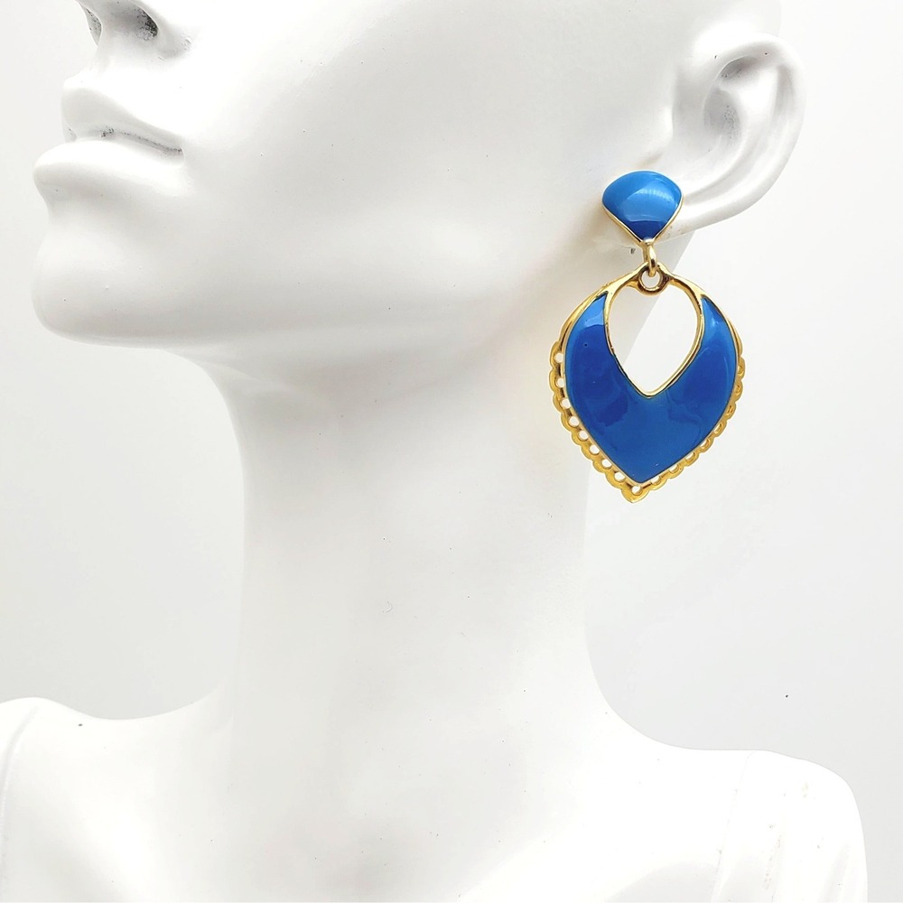 Vintage 80s Dangle Earrings Blue Enamel Gold Tone Pierced Drop Retro Statement